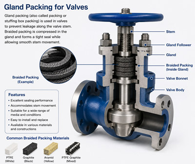 Flexible gland packing for valves installed in a pipeline valve stuffing box to prevent stem leakage