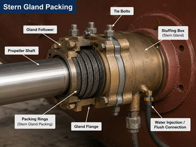 High density stern gland packing material installed in a maritime stuffing box assembly