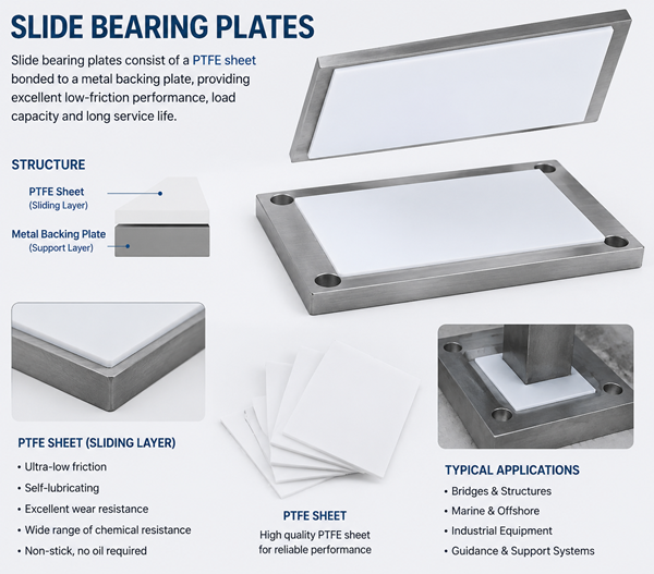 Heavy duty molded PTFE slide bearing plates assembled with polished stainless steel counterplate for architectural expansion joint